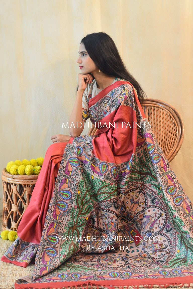 NANDGOPALA RADHA' Handpainted Madhubani Tussar Silk Saree Blouse set