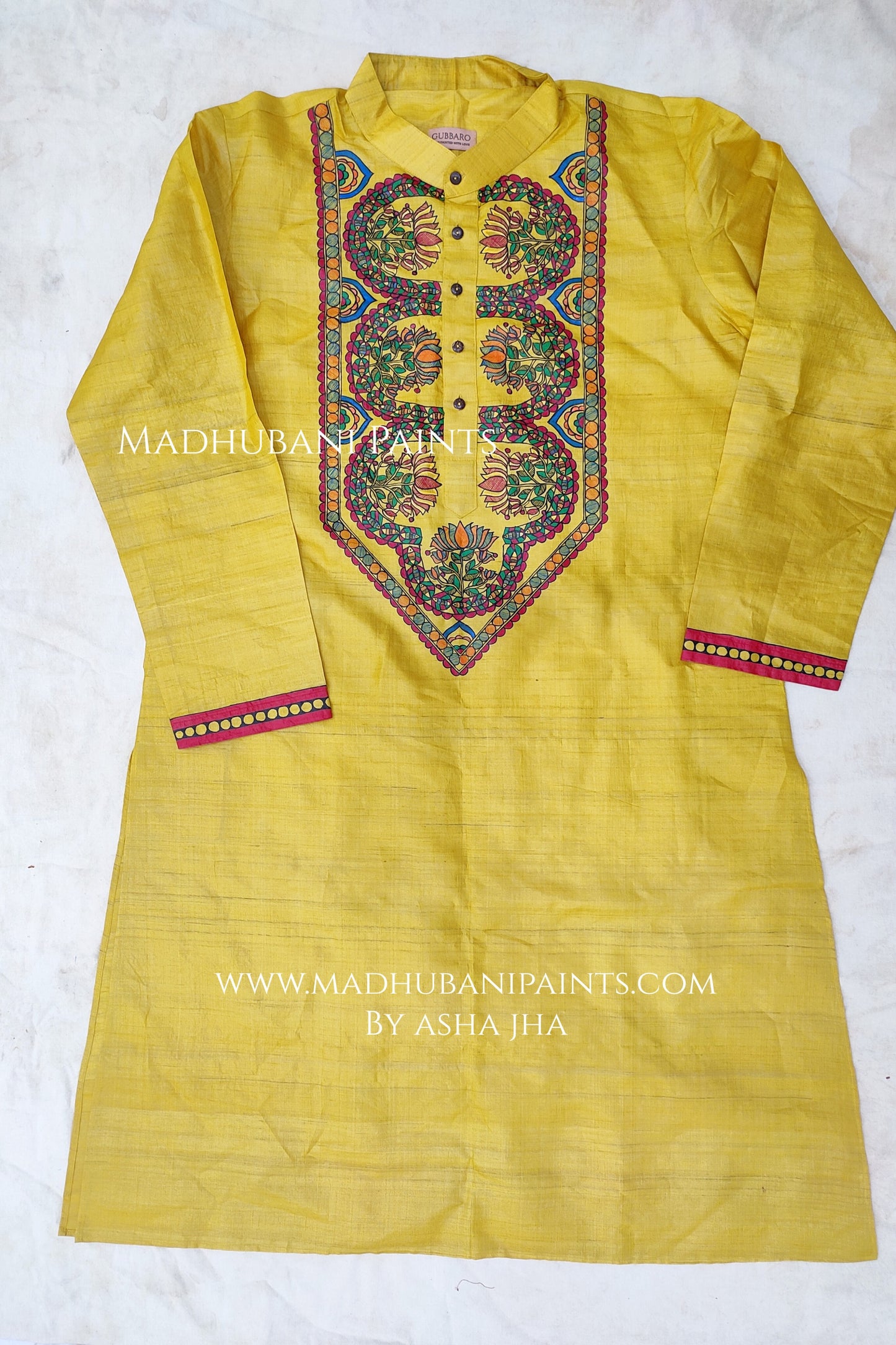 Yellow Lotus Hand-painted Handloom Men's Tussar Silk Kurta