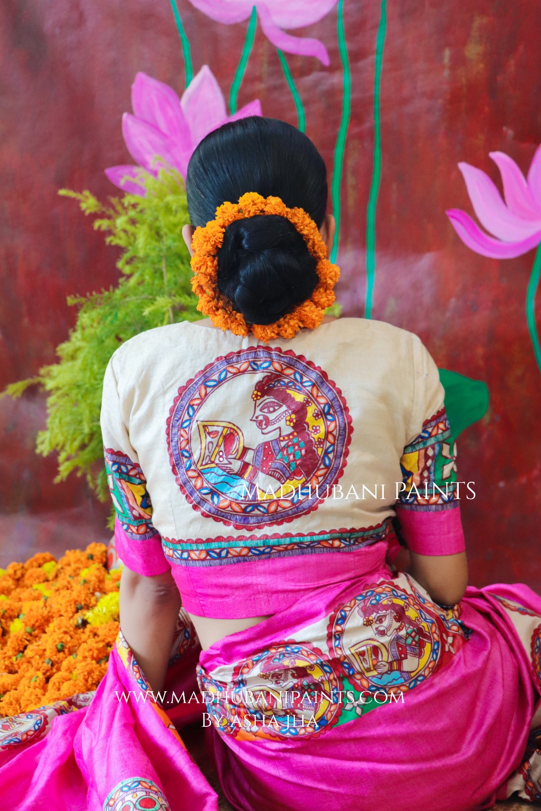 CHHATH MAHAPARV Handpainted Madhubani Tussar Silk Saree Blouse Set