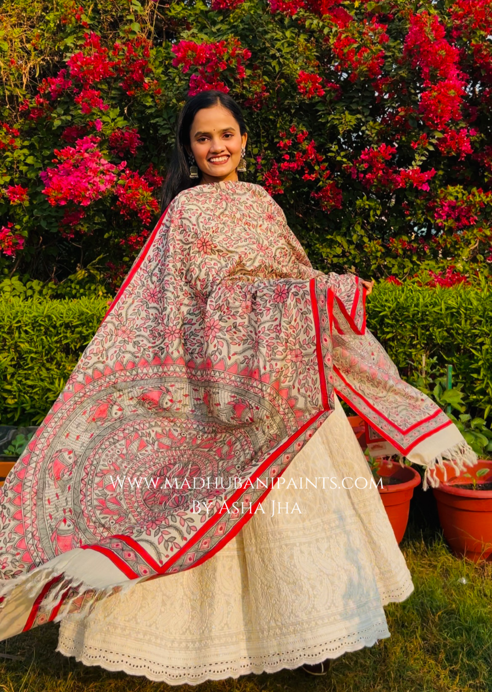 'PRAKRITIK SANGEET' Handpainted Madhubani Tussar Silk Dupatta