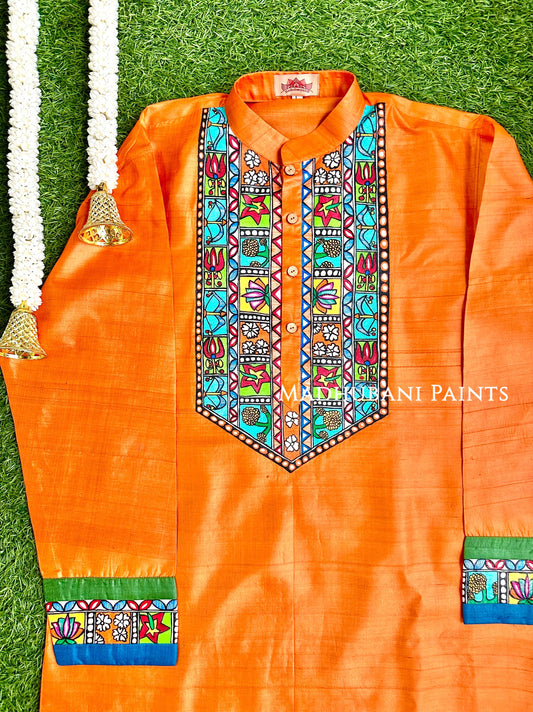 BHARAT KA DUSSEHRA Hand-painted Handloom Orange Men's Tussar Silk Kurta