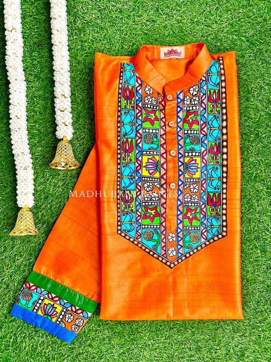 BHARAT KA DUSSEHRA Hand-painted Handloom Orange Men's Tussar Silk Kurta