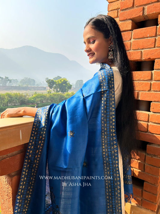 'NEELI SURMAI' Handpainted Madhubani Tussar Silk Dupatta