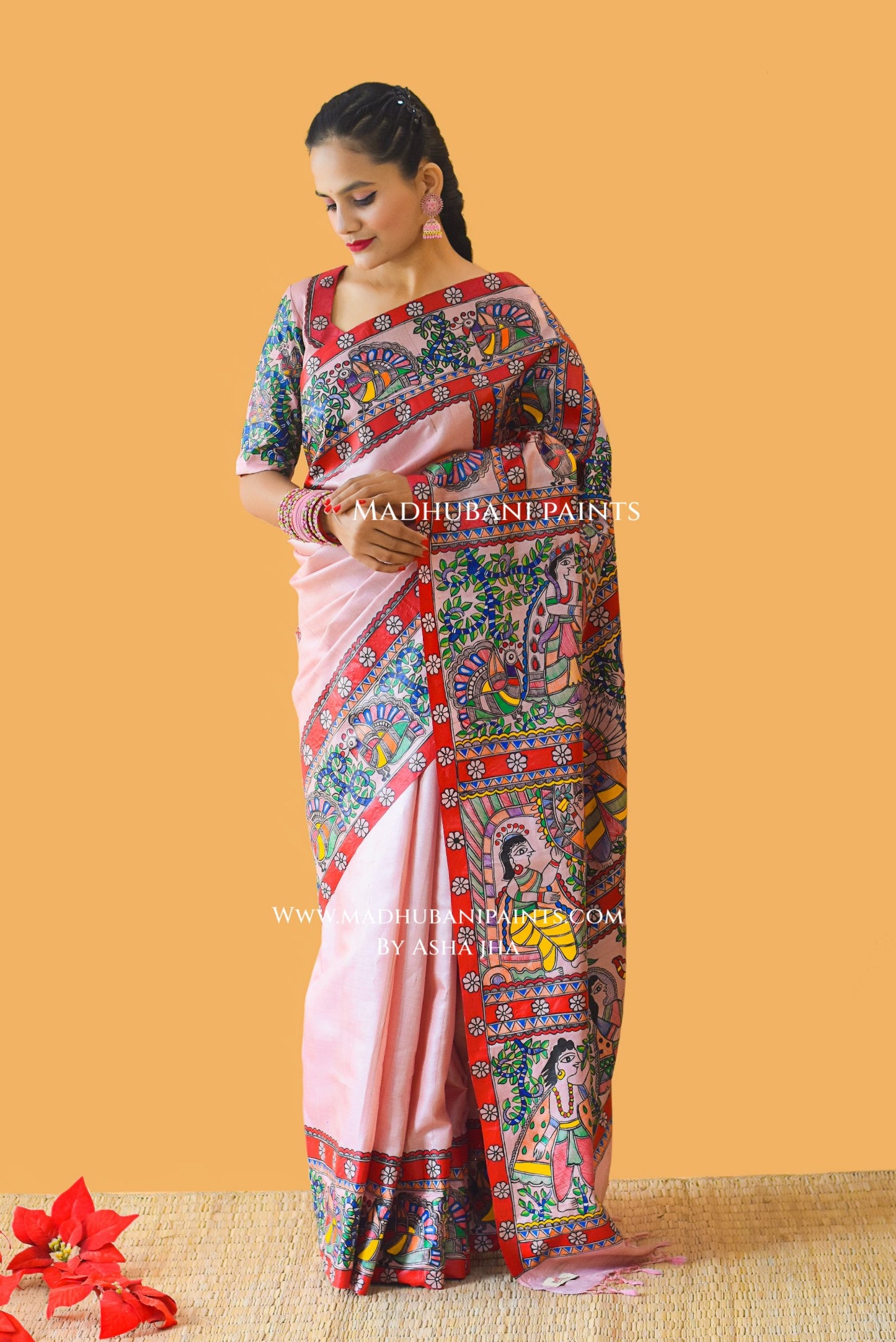 "RAMAYAN STUTI" Hand-painted Madhubani Tussar Silk Saree