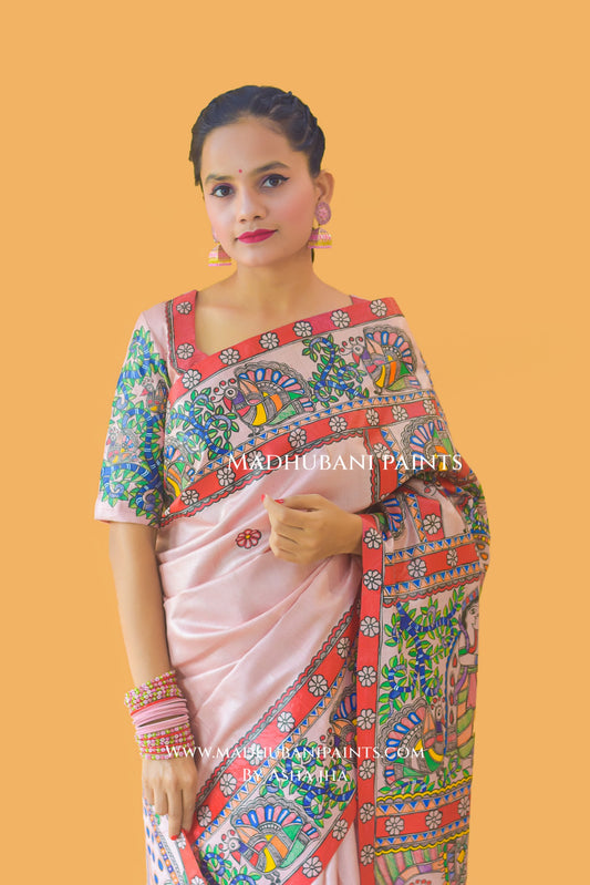 "RAMAYAN STUTI" Hand-painted Madhubani Tussar Silk Saree Blouse Set