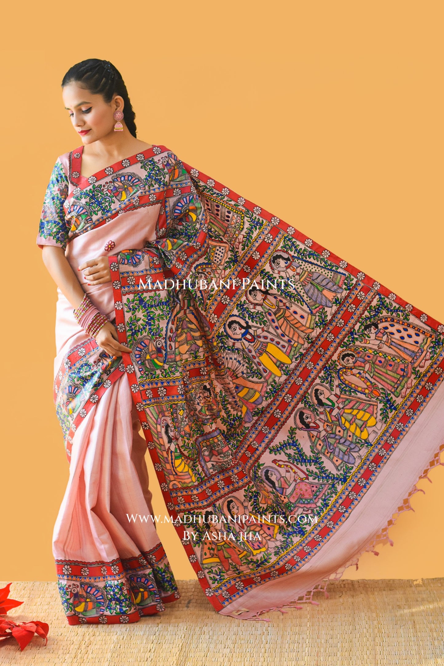 "RAMAYAN STUTI" Hand-painted Madhubani Tussar Silk Saree Blouse Set