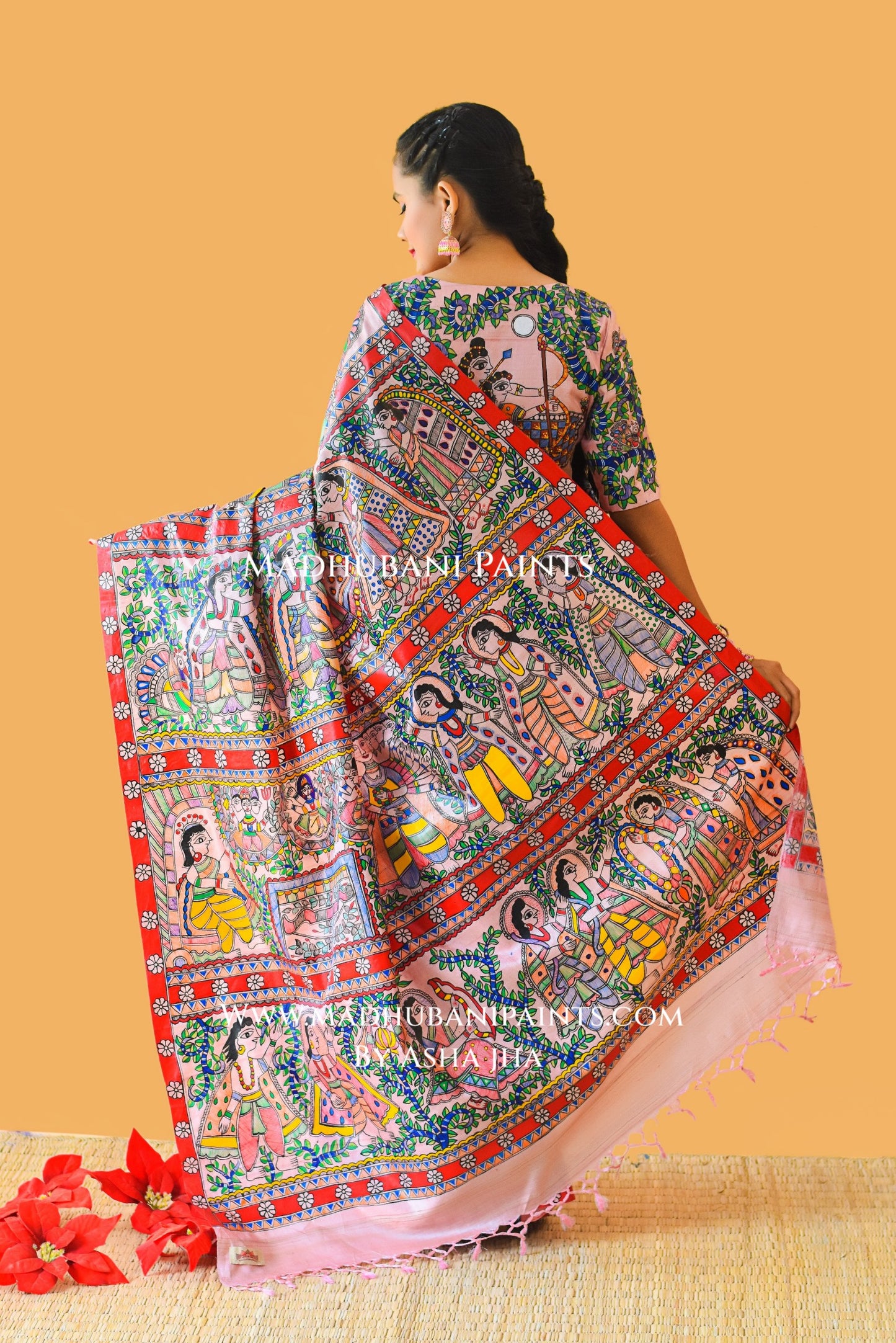 "RAMAYAN STUTI" Hand-painted Madhubani Tussar Silk Saree