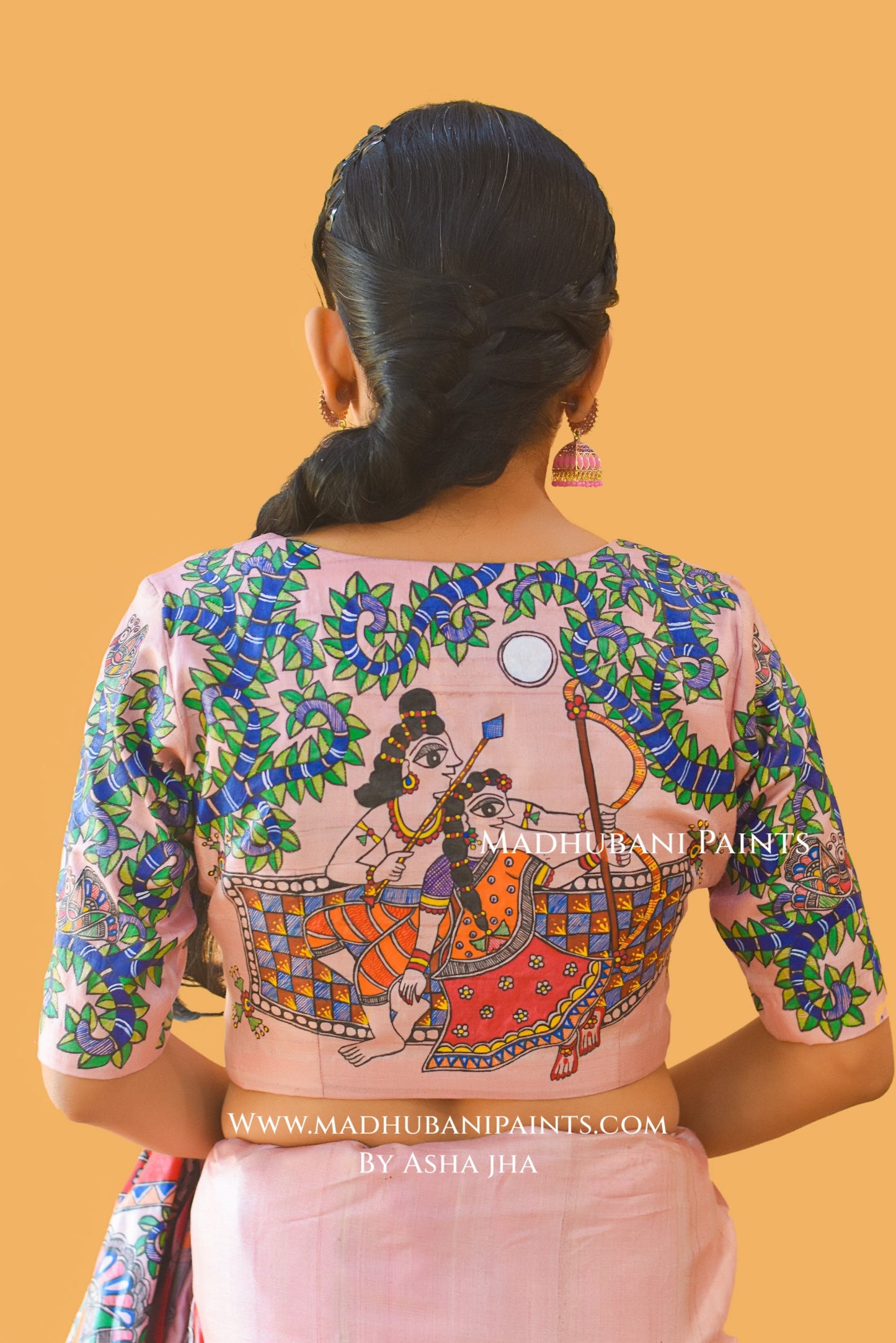 "RAMAYAN STUTI" Hand-painted Madhubani Tussar Silk Saree Blouse Set