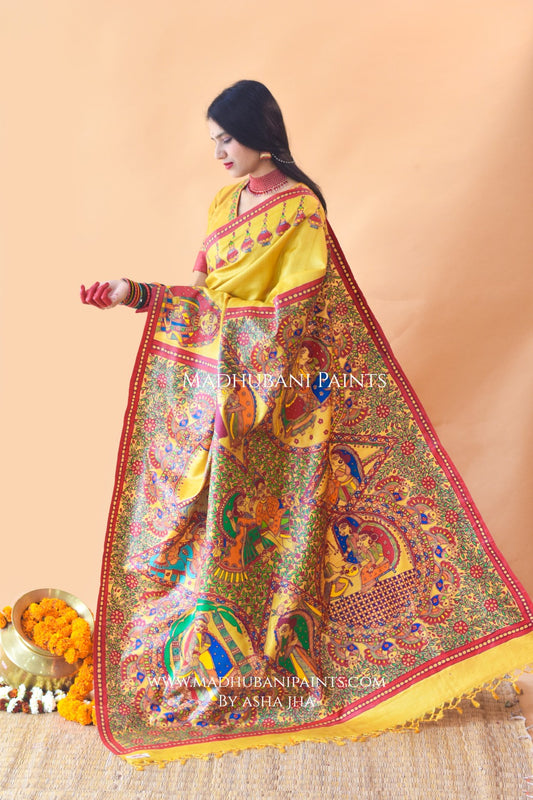 Madhur Milan Hand-painted Madhubani Tussar Silk Saree