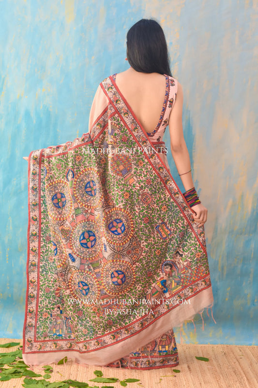 Mithila K Kohbar Handpainted Madhubani Chanderi Saree