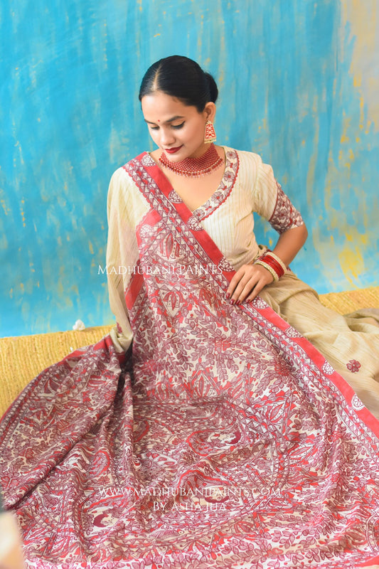 LAAL GUDIYA Hand-painted Madhubani Chanderi Saree