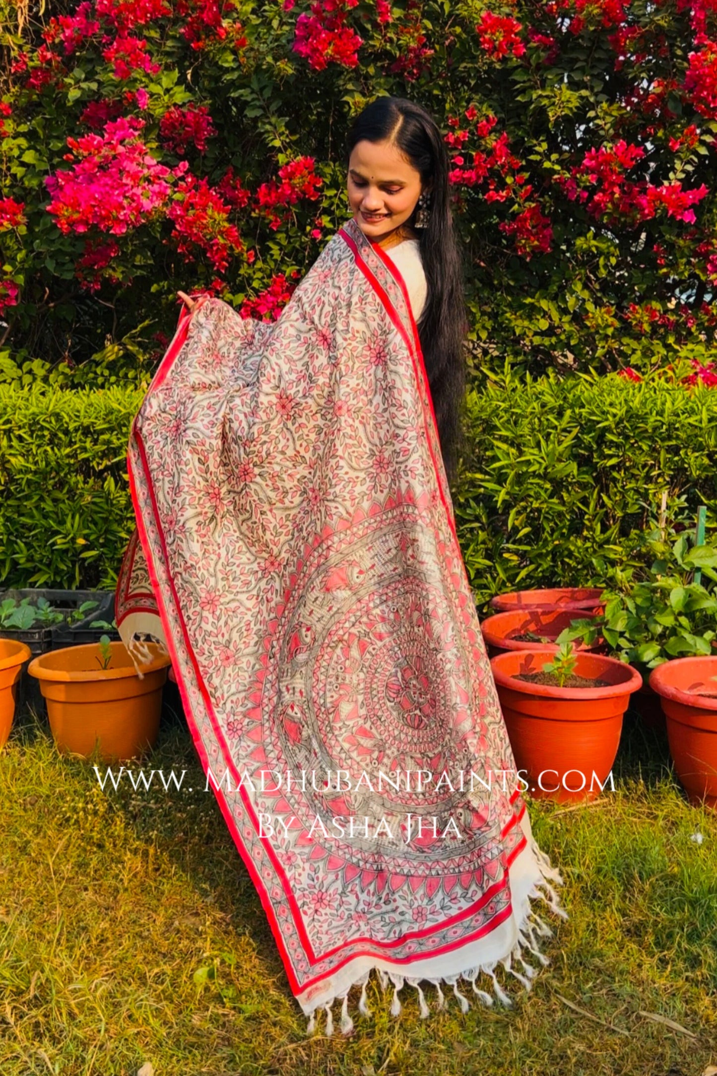 'PRAKRITIK SANGEET' Handpainted Madhubani Tussar Silk Dupatta