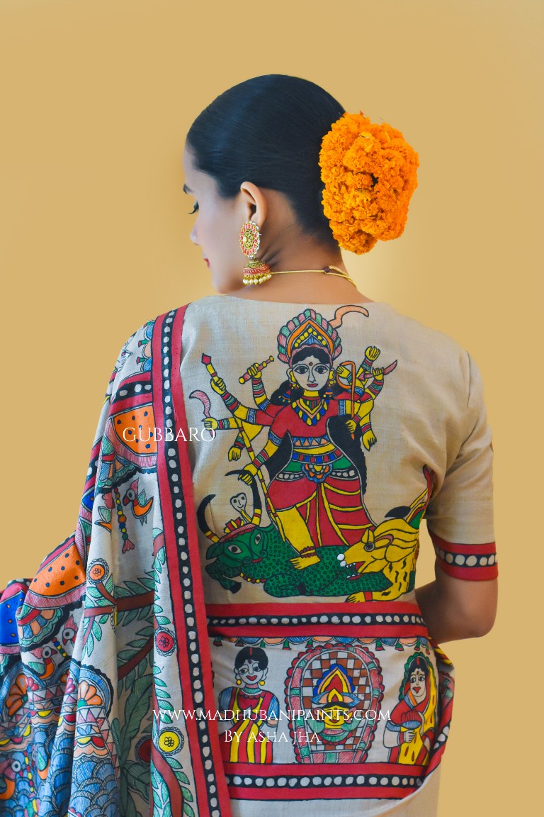 'SHAKTI' Handpainted Madhubani Tussar Silk Saree Blouse Set