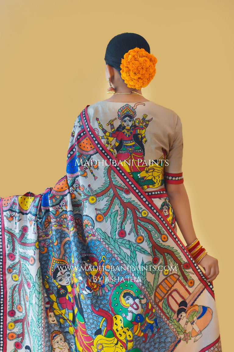 'SHAKTI' Handpainted Madhubani Tussar Silk Saree Blouse Set