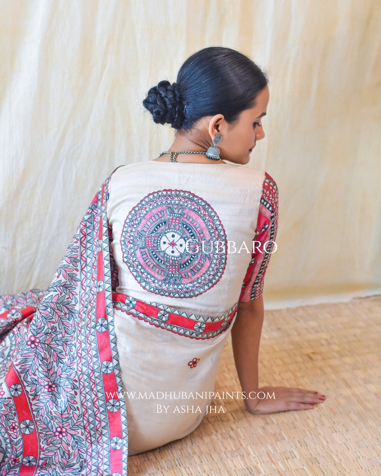 'LAAL MATSYA LEELA'  Handpainted Madhubani Tussar Silk Saree Blouse Set