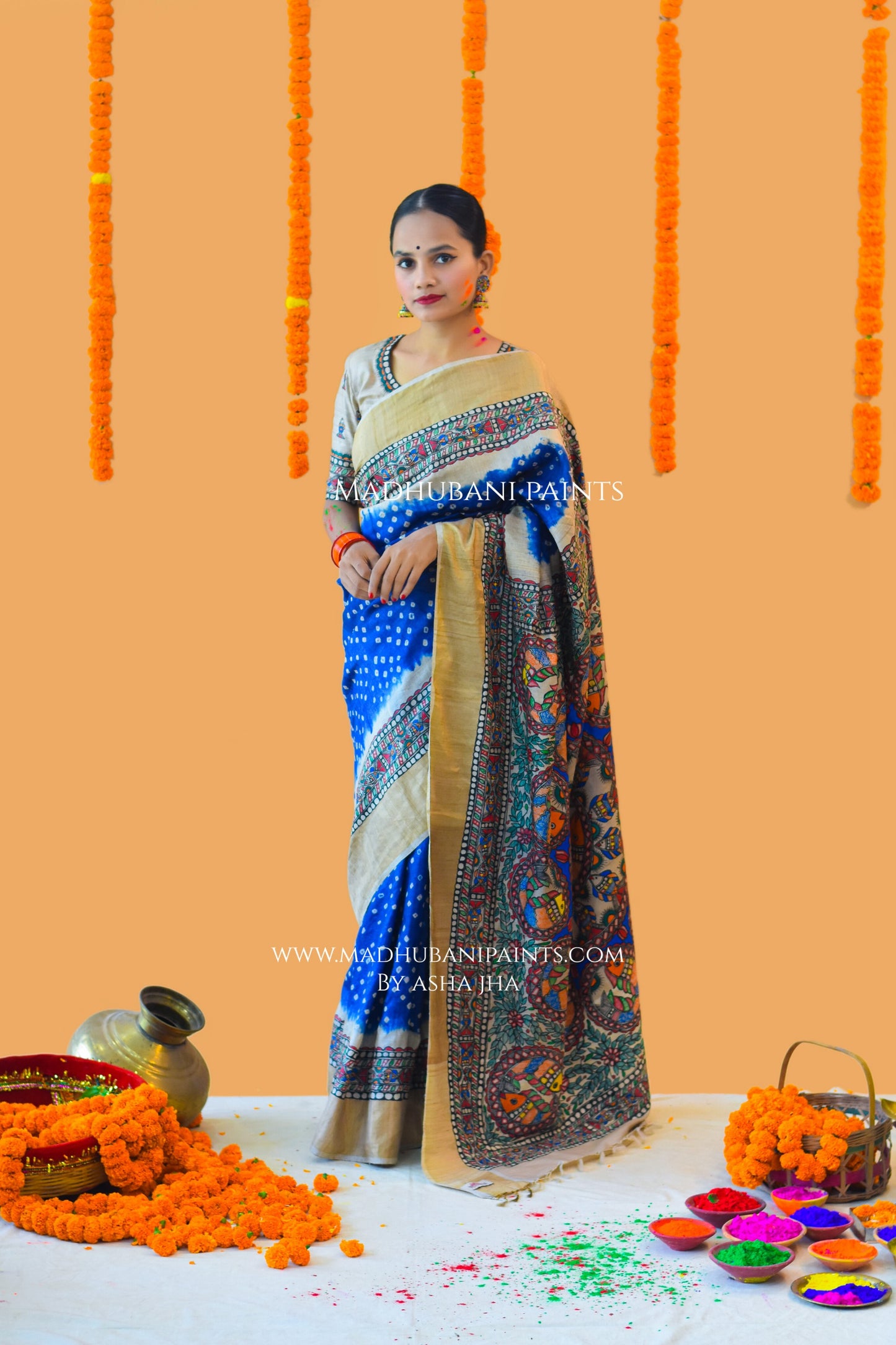 MATSYANGANA Hand-painted Bandhini Madhubani Tussar Silk Saree