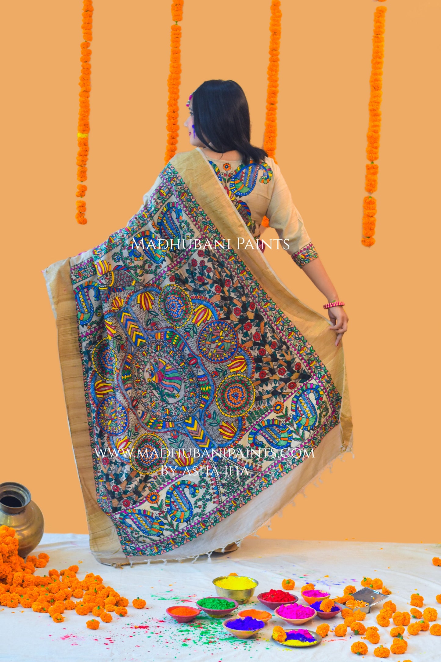 PRAKRITIK MILAN Hand-painted Madhubani Tussar Silk Saree Blouse Set