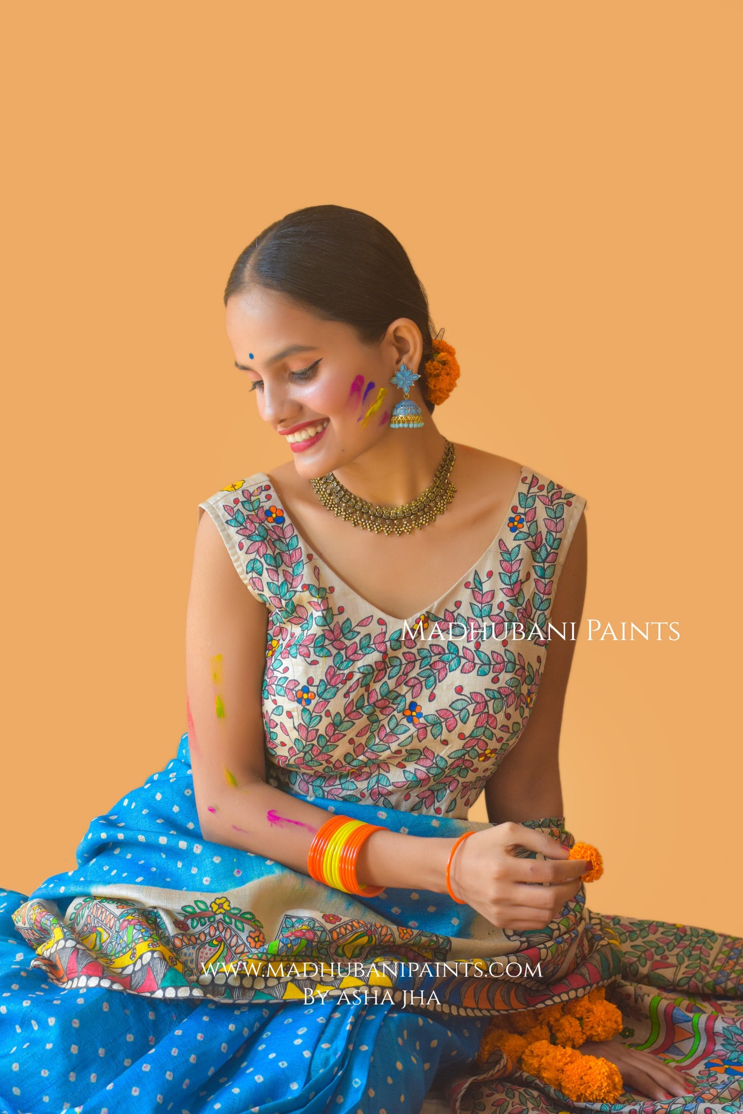 VANDURGA Hand-painted Madhubani Bandhini Saree Blouse Set