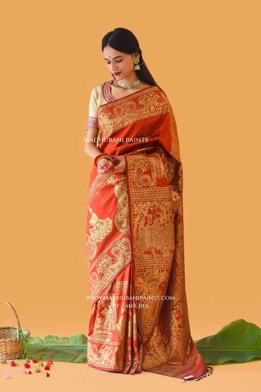 KANYADAAN Hand-painted Madhubani Bishnupuri Silk Saree