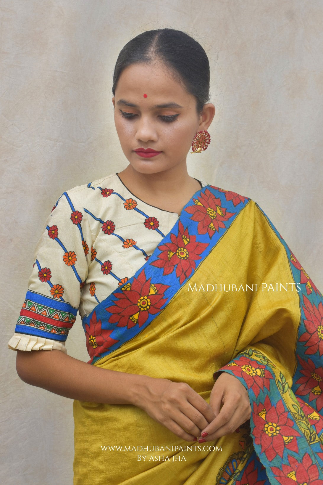 GAJANAND MATSYA' Handpainted Madhubani Tussar Silk Blouse