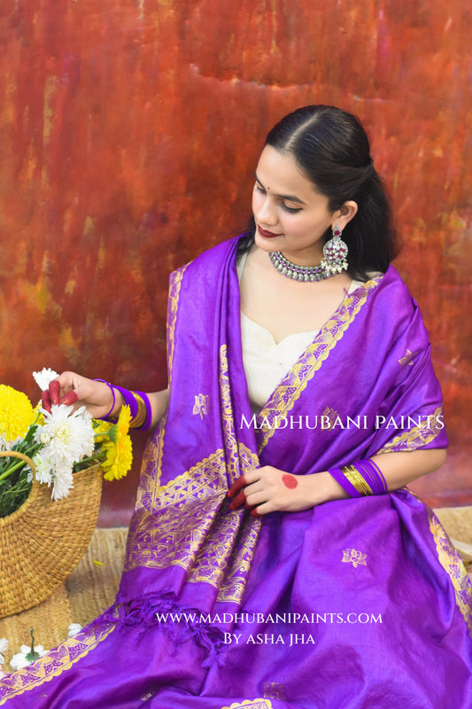 'BAIGINI SURMAI' Handpainted Madhubani Tussar Silk Dupatta