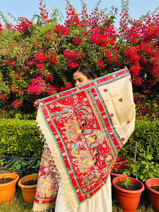 'DOli KA HAAR' Handpainted Madhubani Tussar Silk Dupatta