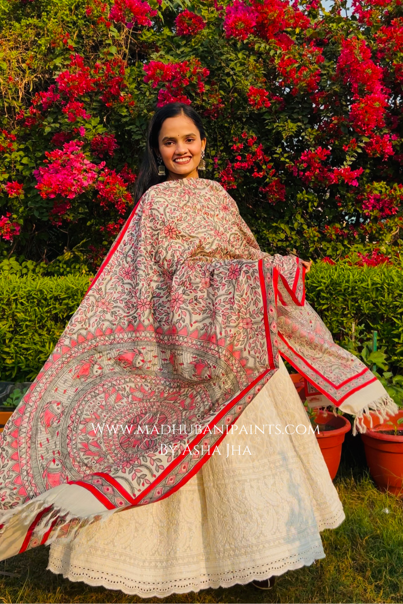 'PRAKRITIK SANGEET' Handpainted Madhubani Tussar Silk Dupatta