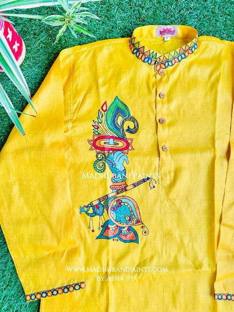 Yellow Krishna's Mor Paankh Hand-painted  Madhubani Men's Tussar Silk Kurta