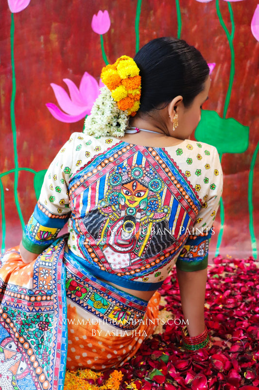 "BHARAT KA DUSSEHRA" Handpainted Madhubani Bandhini Tussar Silk  Blouse