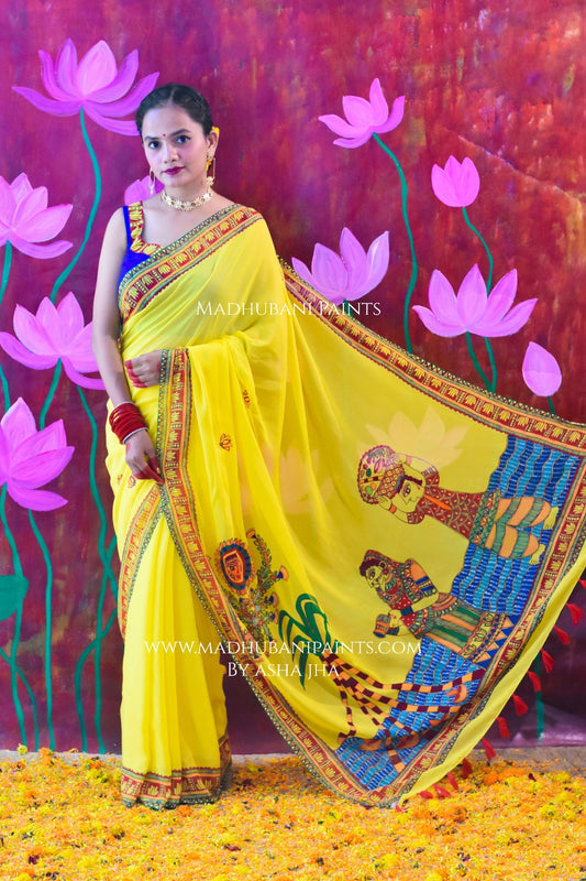 BHAKTI BHAVA Chhath Puja Hand painted Madhubani Georgette Saree