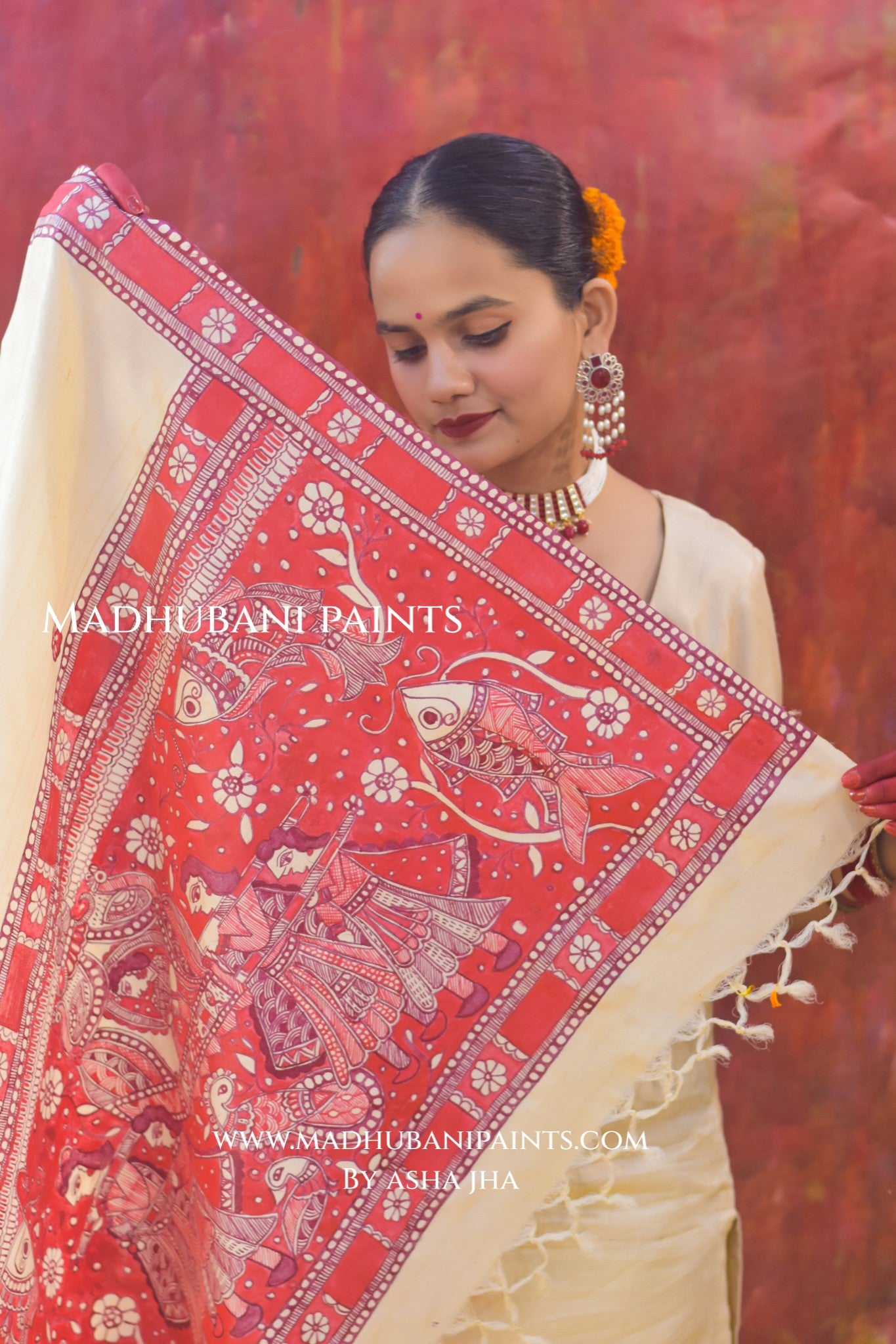 'LAAL DOLI' Handpainted Madhubani Tussar Silk Dupatta