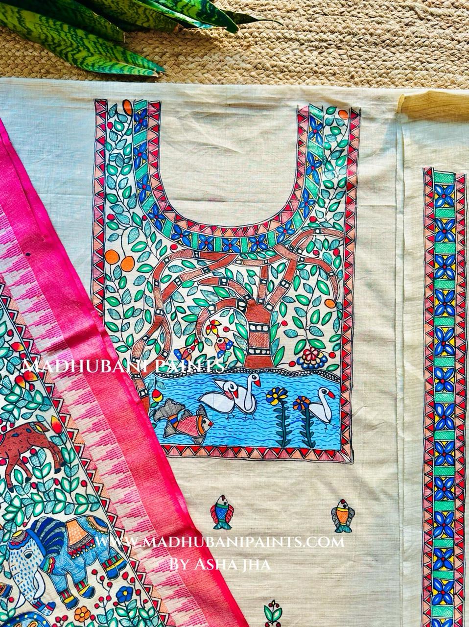 Prakriti Hand-painted Madhubani Painting Cotton Unstitched Kurta Pant Dupatta Set