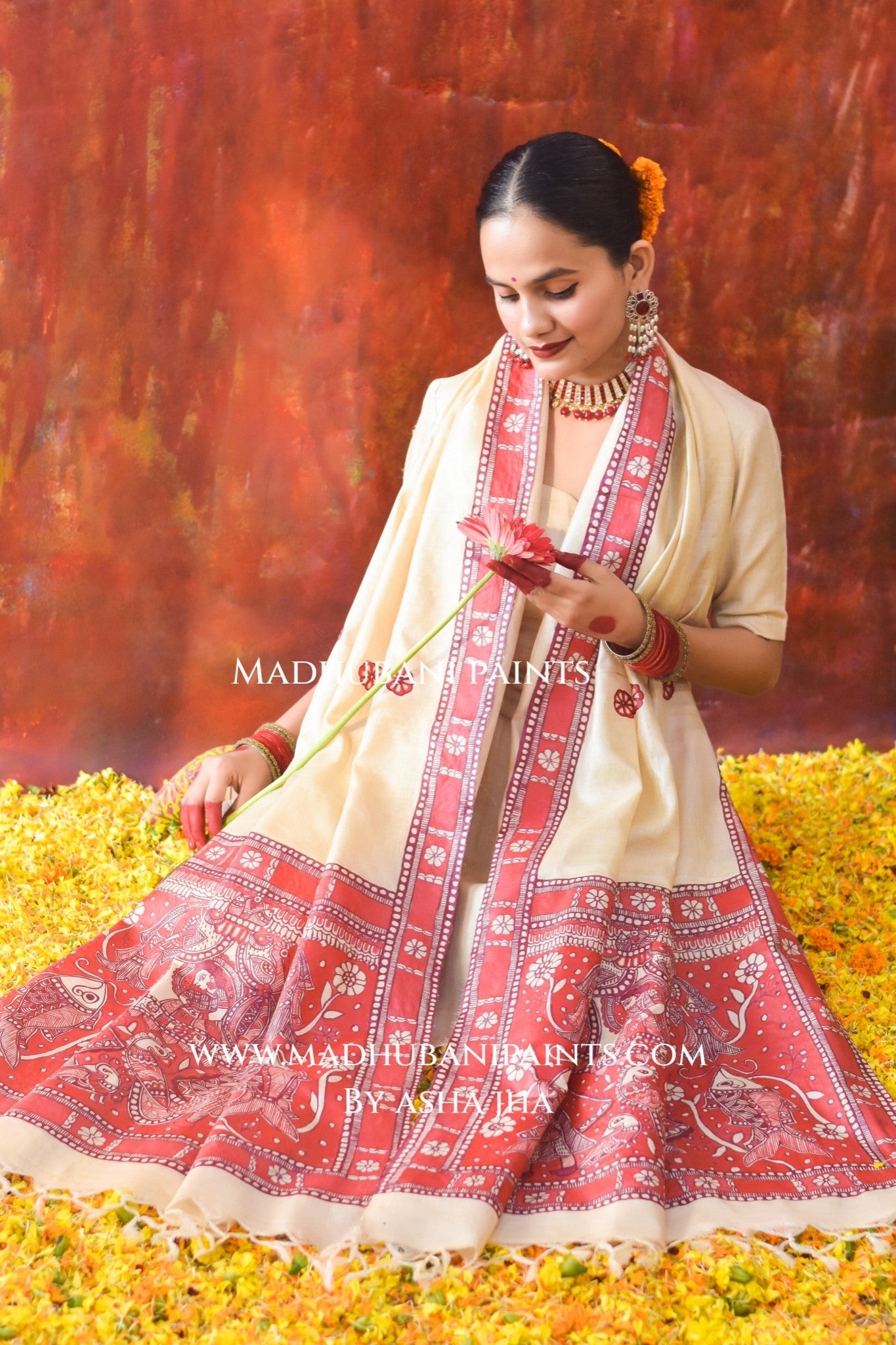 'LAAL DOLI' Handpainted Madhubani Tussar Silk Dupatta