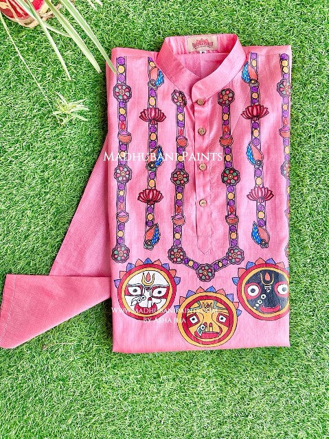 Pink Lord Jagannatha Hand-painted  Madhubani Men's Tussar Silk Kurta