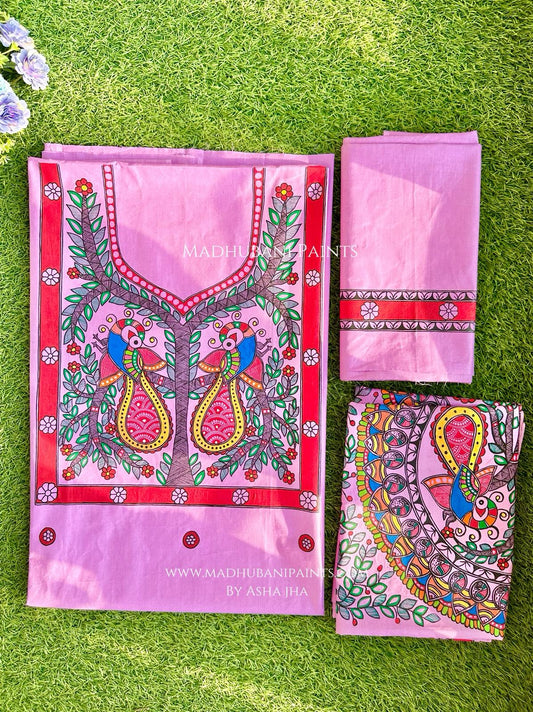 Lilac Judwa Mayuri Hand-painted Madhubani Painting Cotton Unstitched Kurta Pant Dupatta Set