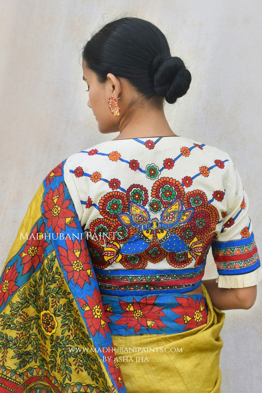 GAJANAND MATSYA' Handpainted Madhubani Tussar Silk Blouse