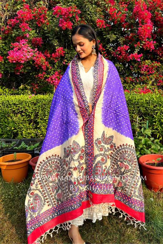 'BANDHINI MAYURI' Handpainted Madhubani Tussar Silk Dupatta