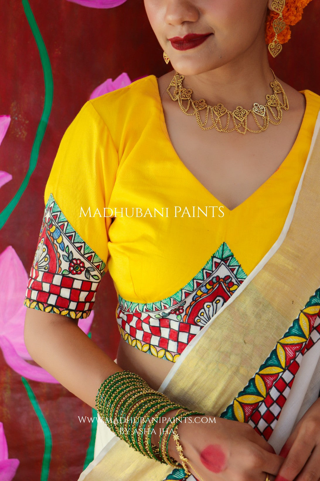 'ROOPVARDHINI' Handpainted Madhubani Cotton Saree Blouse Set