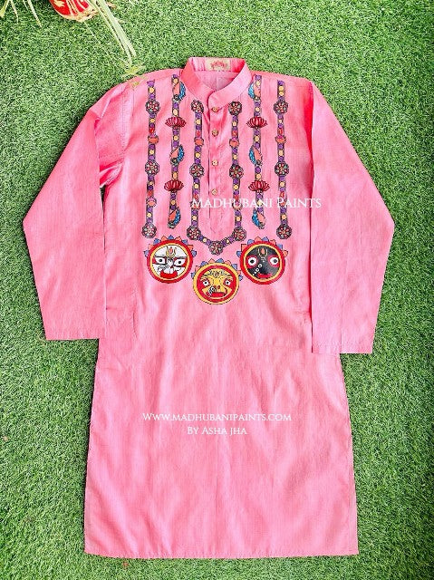 Pink Lord Jagannatha Hand-painted  Madhubani Men's Tussar Silk Kurta