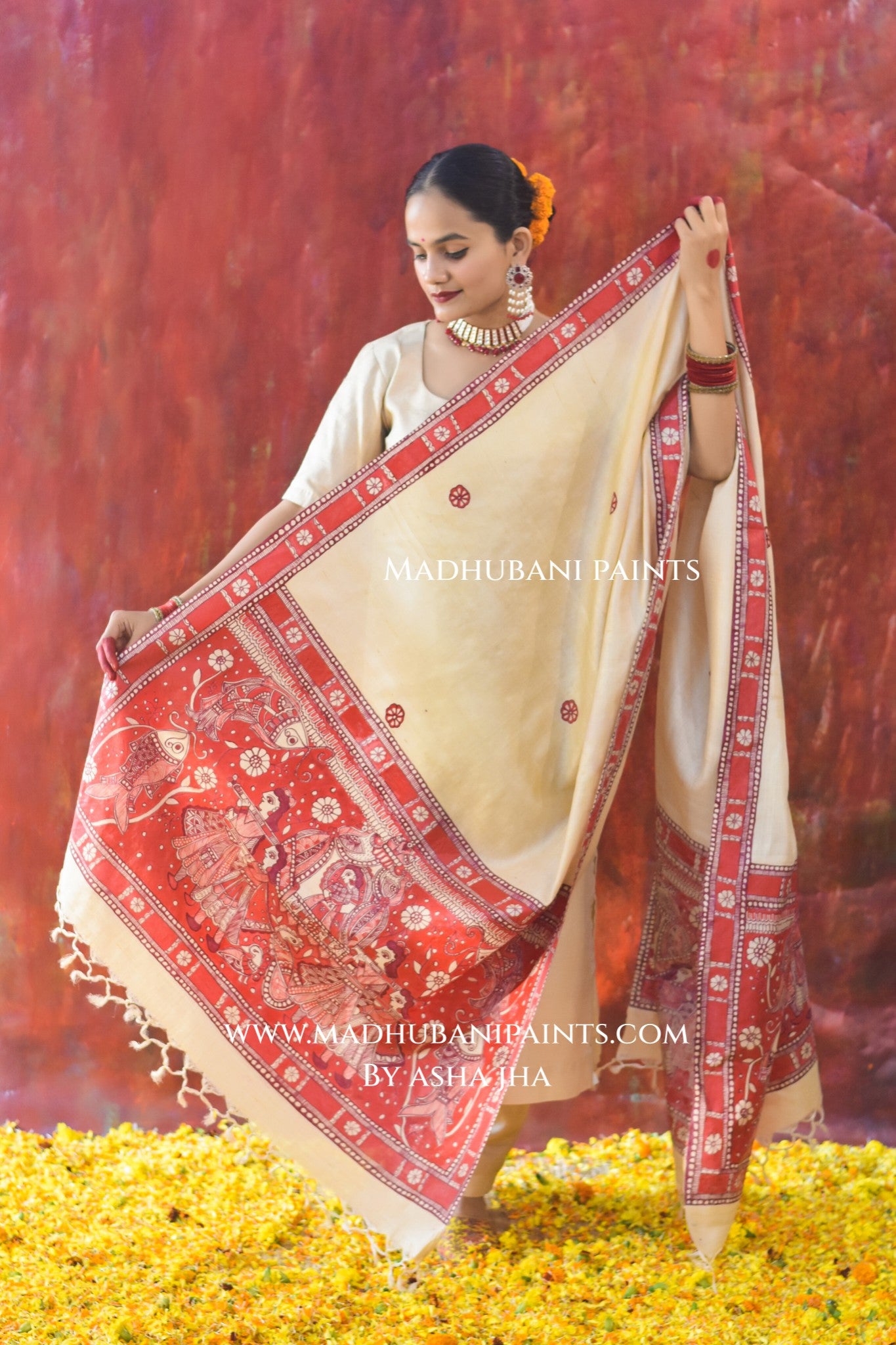 'LAAL DOLI' Handpainted Madhubani Tussar Silk Dupatta