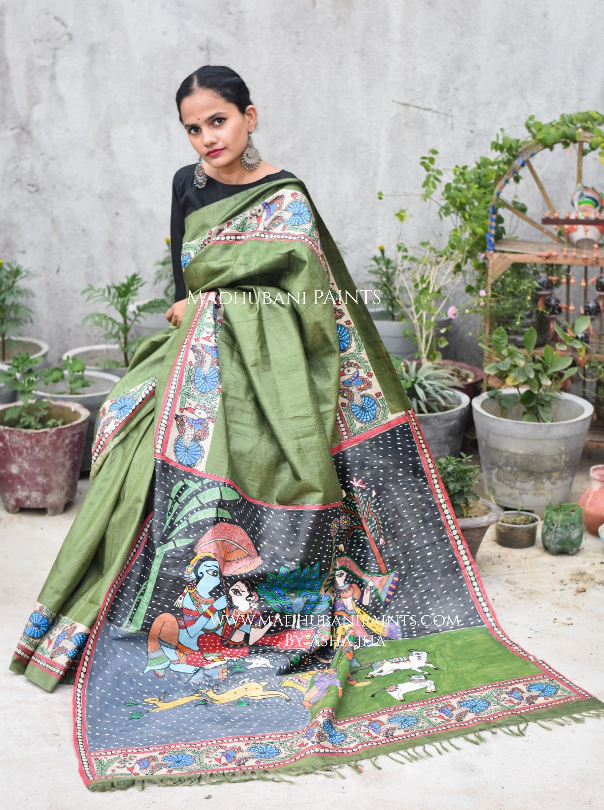 Krishna Baarish Madhubani Hand-painted Saree