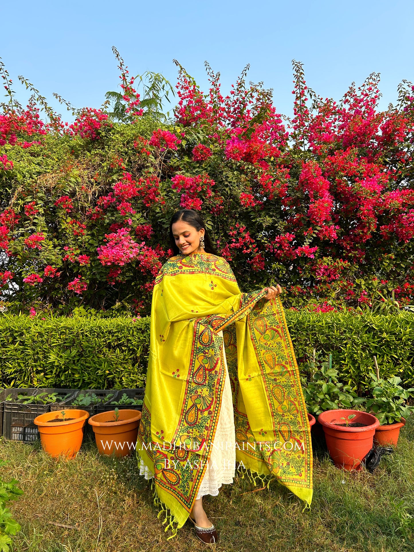 'MADHURAM MAYURI' Handpainted Madhubani Tussar Silk Dupatta