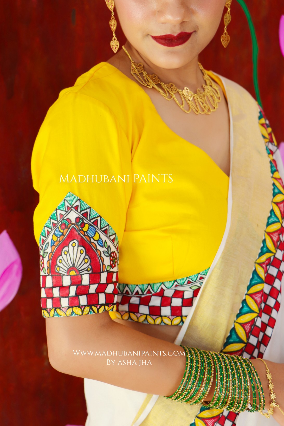 'ROOPVARDHINI' Handpainted Madhubani Cotton Saree Blouse Set