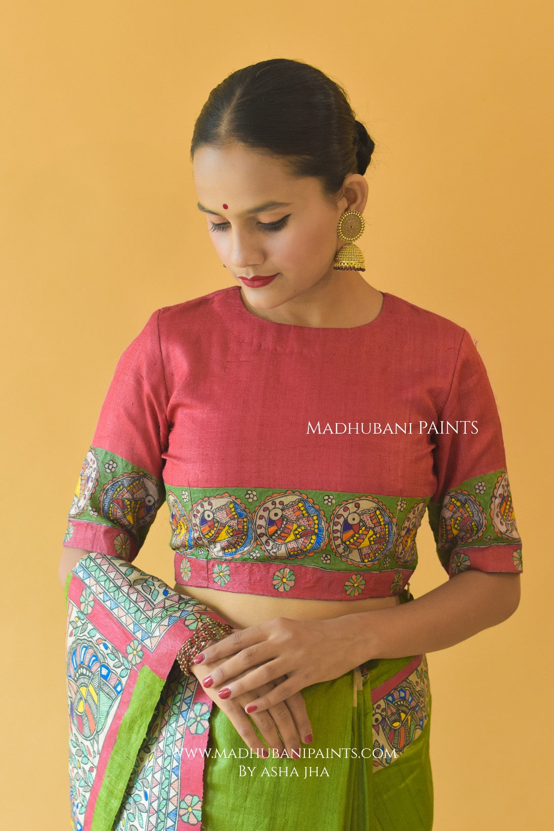 'HARI MORNI' Handpainted Madhubani Tussar Silk Saree Blouse Set