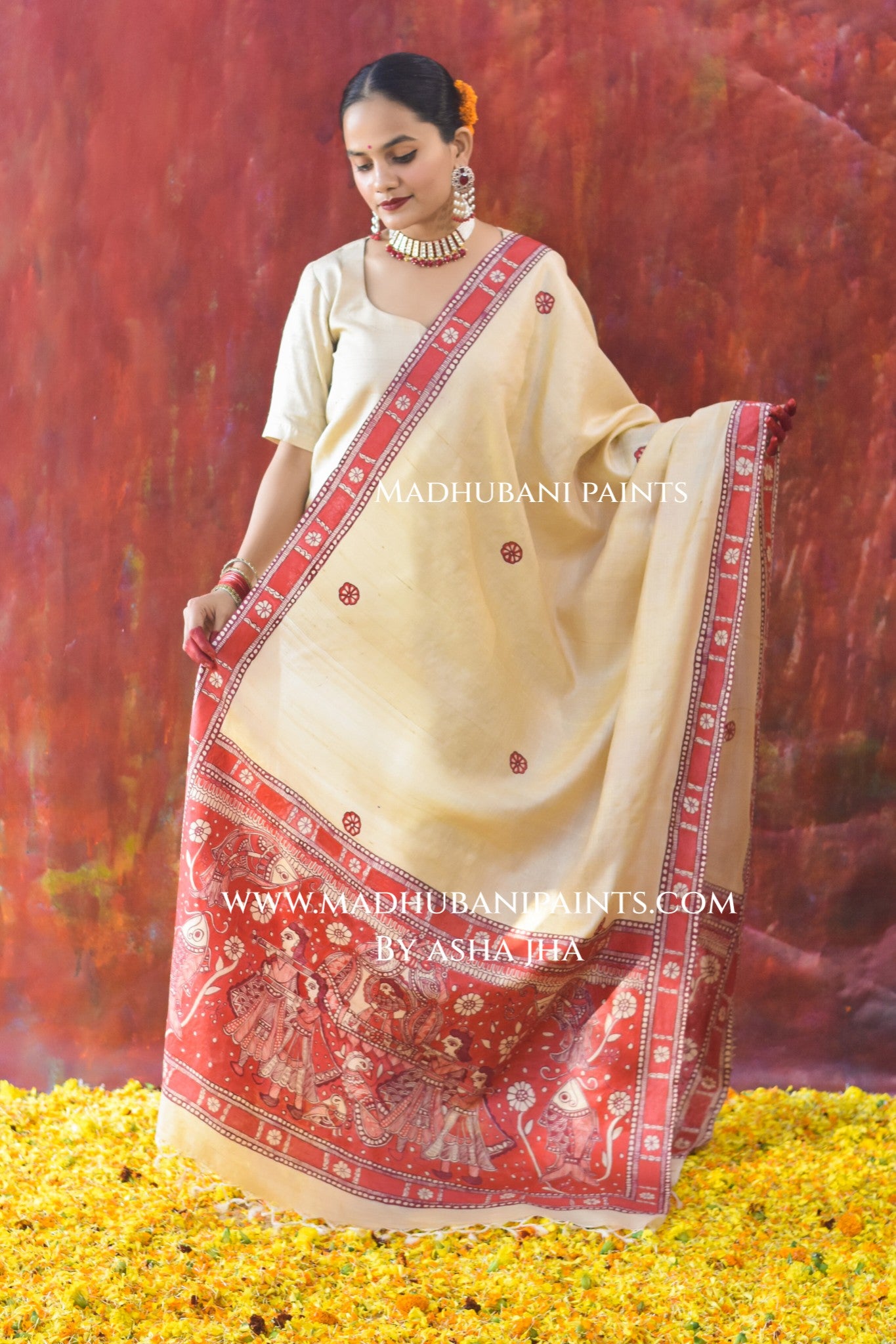 'LAAL DOLI' Handpainted Madhubani Tussar Silk Dupatta