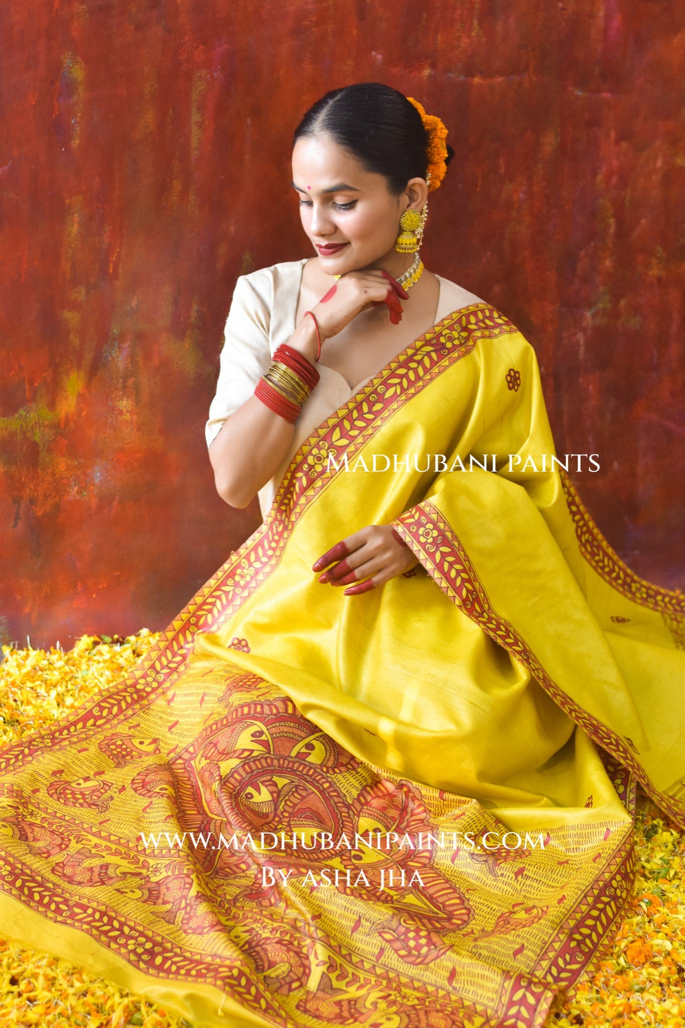 'PEELA SAMUNDAR' Handpainted Madhubani Tussar Silk Dupatta