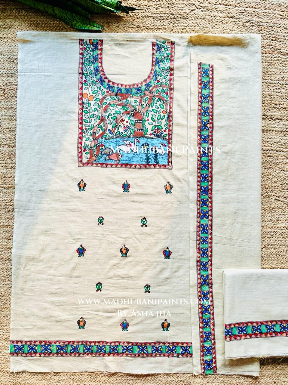 Prakriti Hand-painted Madhubani Painting Cotton Unstitched Kurta Pant Dupatta Set