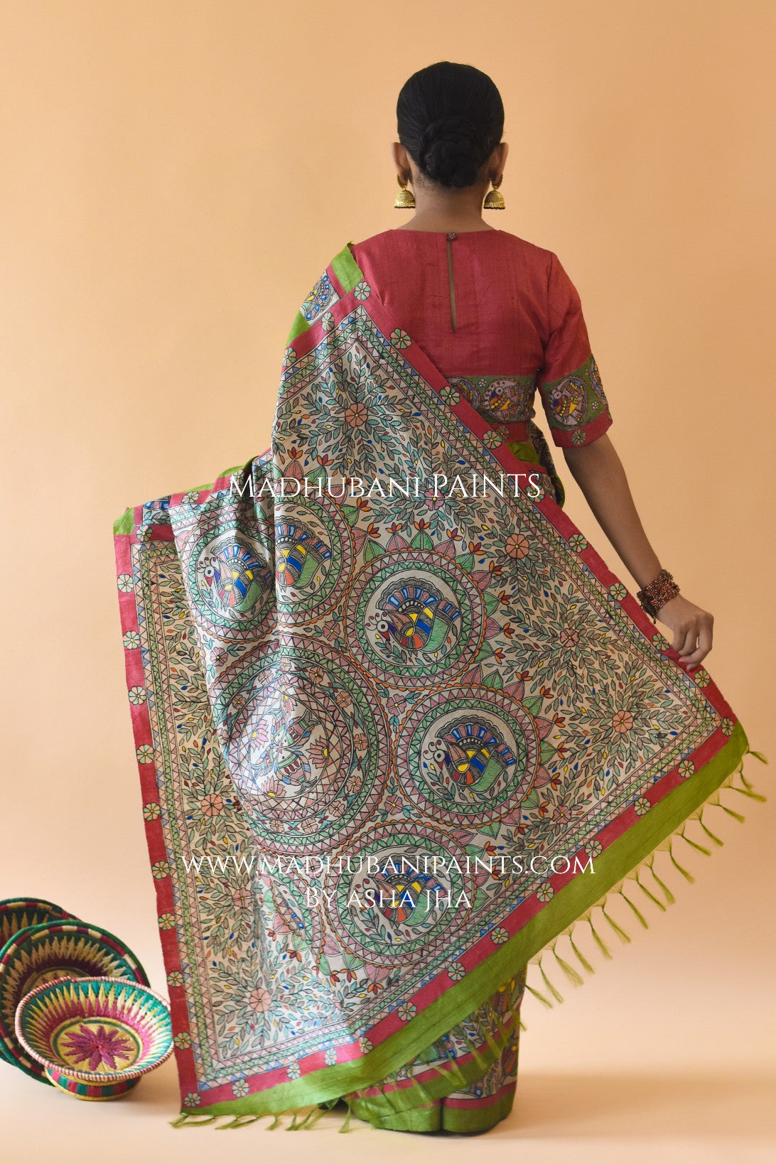 'HARI MORNI' Handpainted Madhubani Tussar Silk Saree