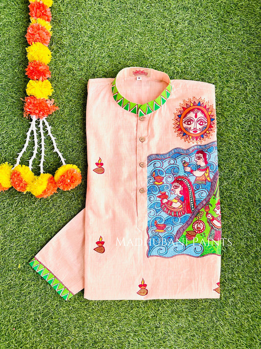 Peach Chhath Puja Hand-painted  Madhubani Men's Cotton Kurta