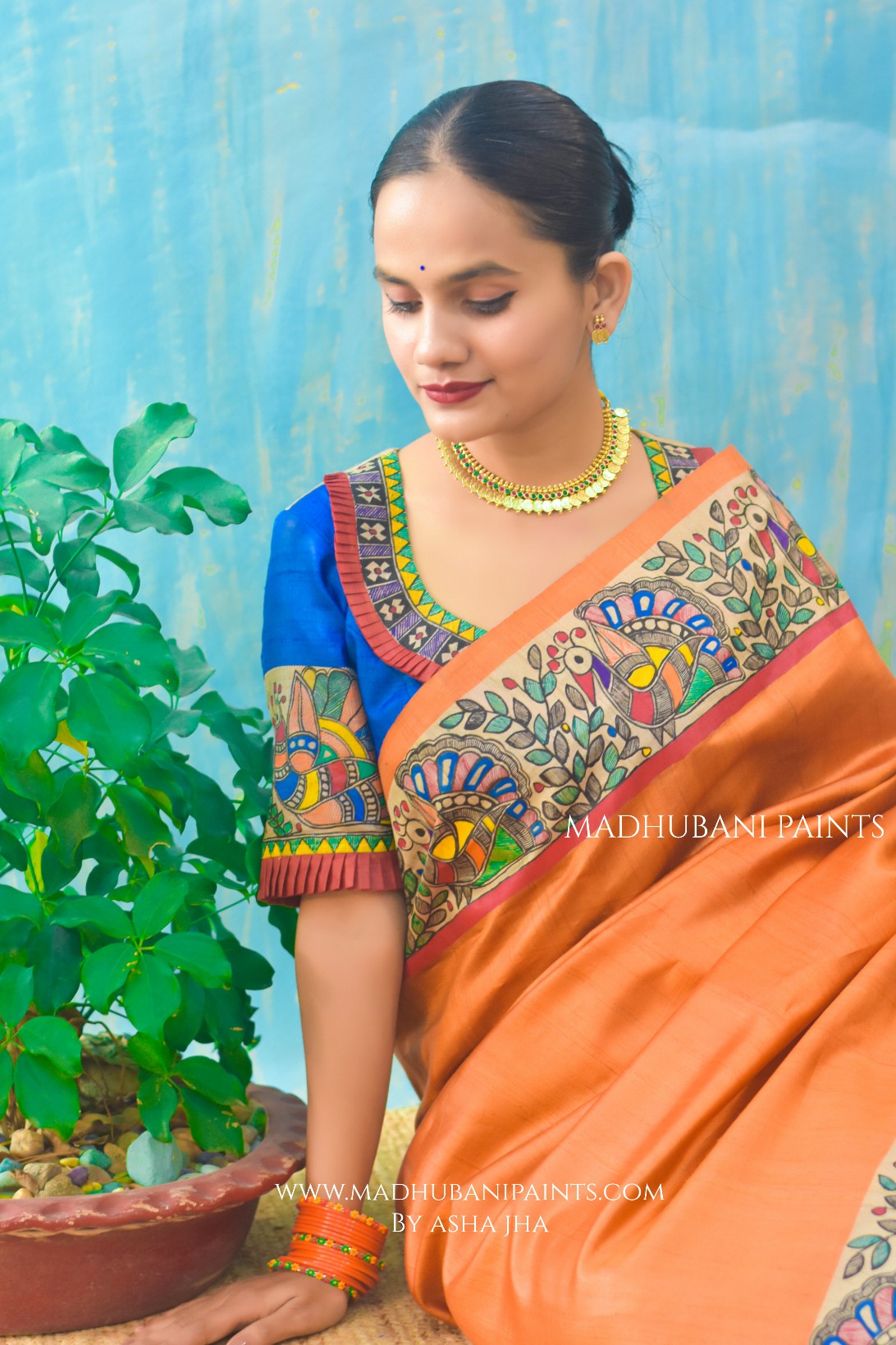 'NARANGI DOLI' Hand Painted  Madhubani Tussar Silk Saree Blouse Set